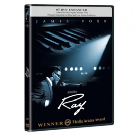DVD of DVS Enhanced ACB Media Access Award-winning film Ray, pictures Ray Charles at piano, with large keyboard superimposed above his head.