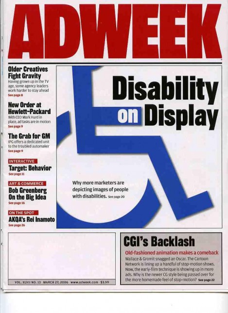 Cover story in Adweek magazine “Disability On Display” with wheelchair logo.